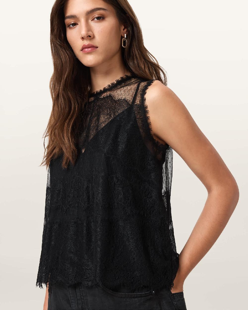 All Saints Clara Lace Trim Sleeveless Top Black
