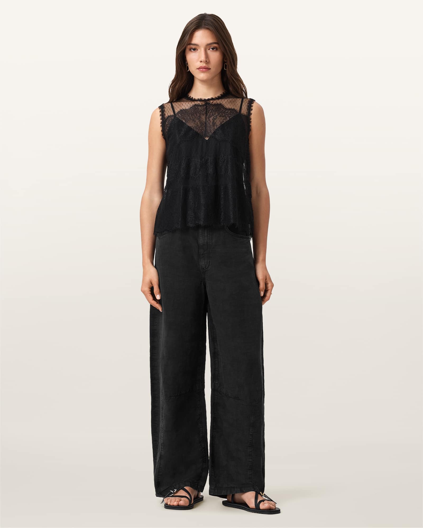 All Saints Clara Lace Trim Sleeveless Top Black