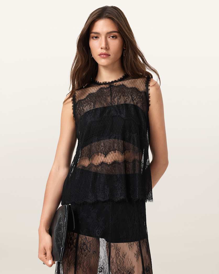 all saints Clara Lace Trim Sleeveless Top Black