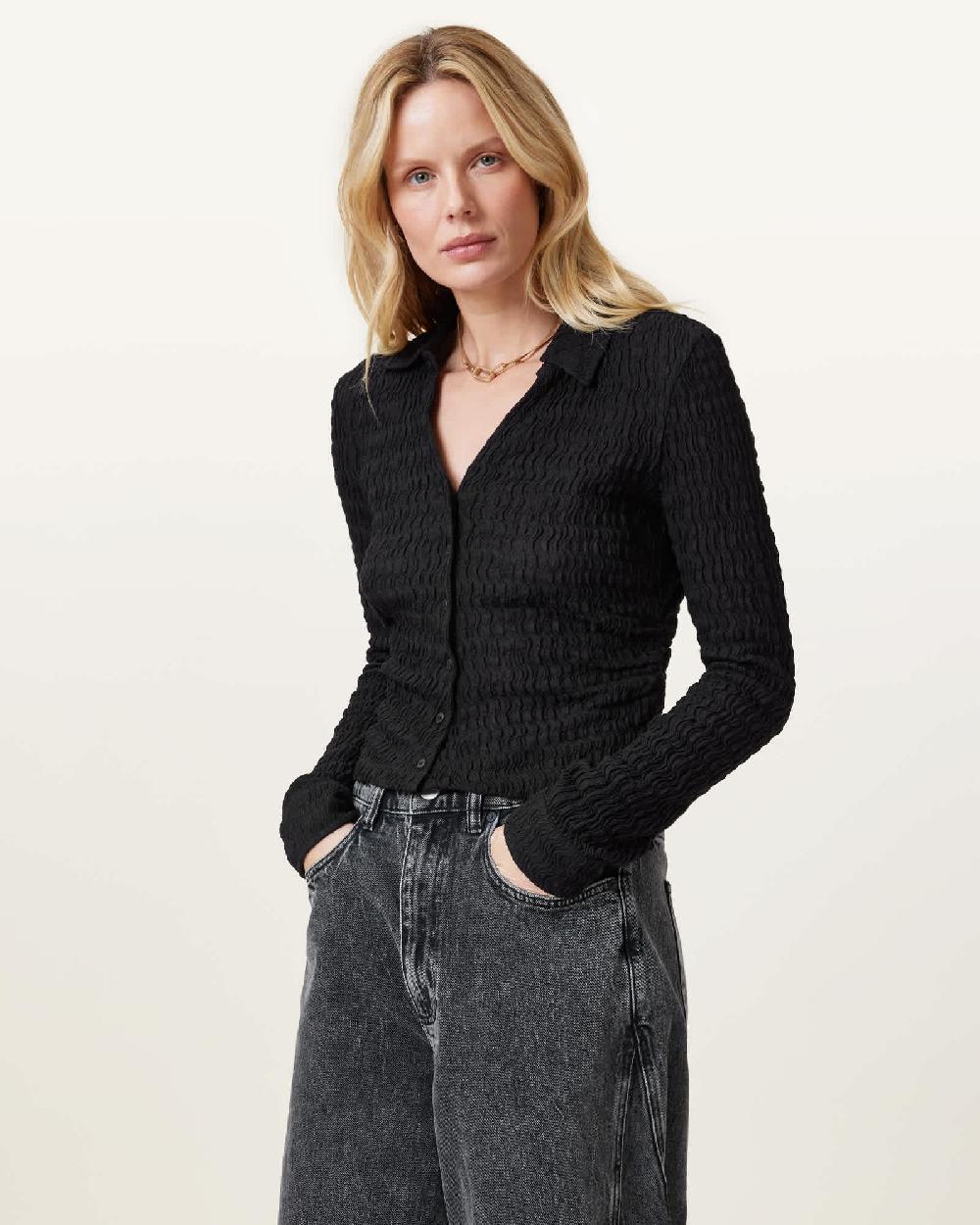 All Saints Connie Slim Fit Open Neck Shirt Black