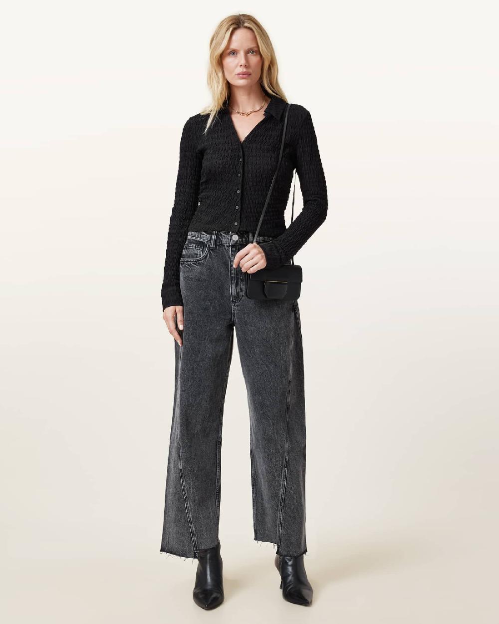 All Saints Connie Slim Fit Open Neck Shirt Black