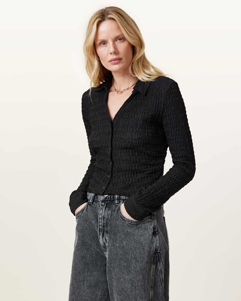 all saints Connie Slim Fit Open Neck Shirt Black