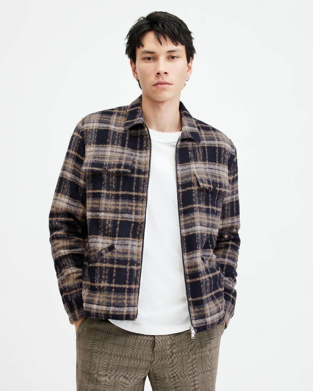 All Saints Crosby Checked Zip Jacket Marine Blue