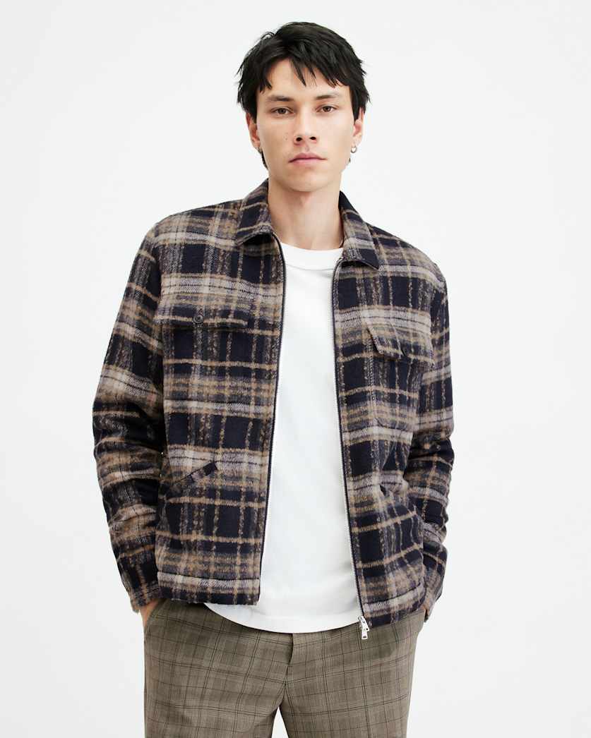 all saints Crosby Checked Zip Jacket Marine Blue