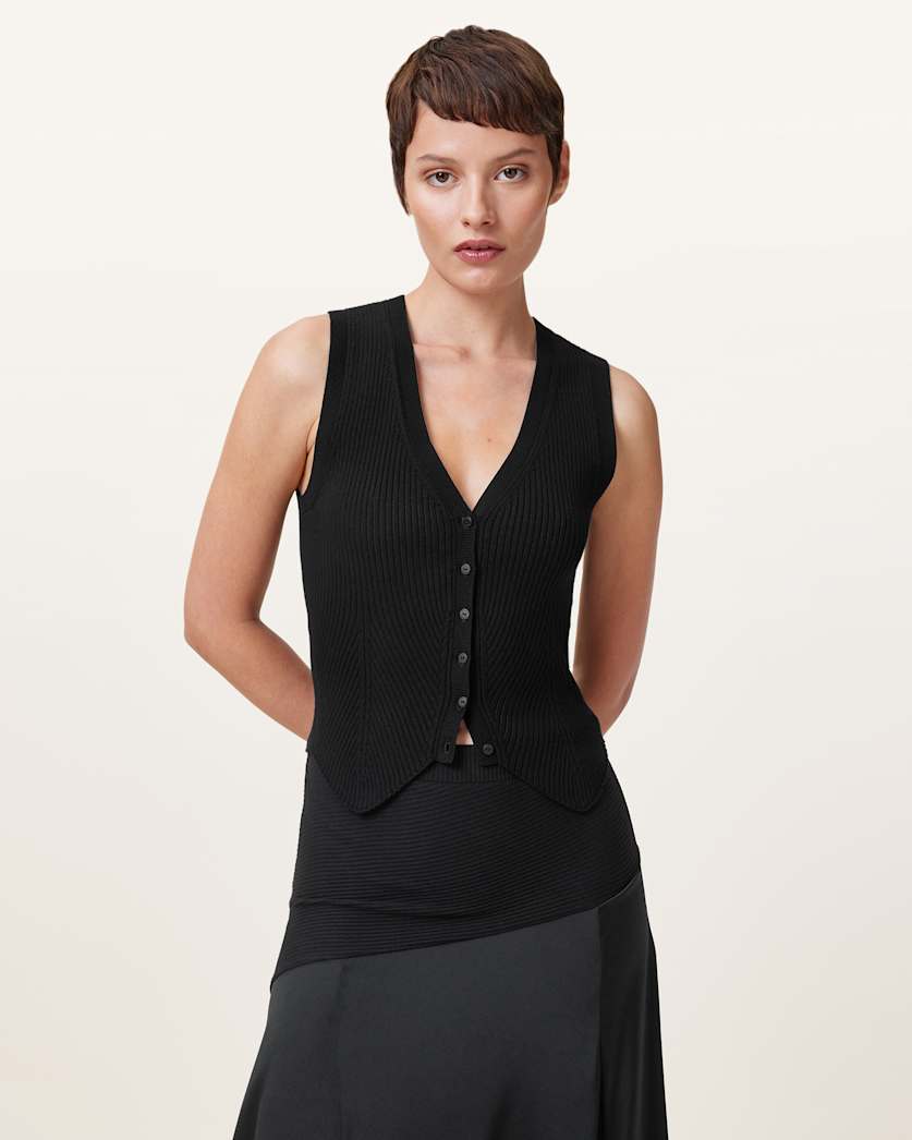all saints Cruz Ribbed Knitted Vest Black