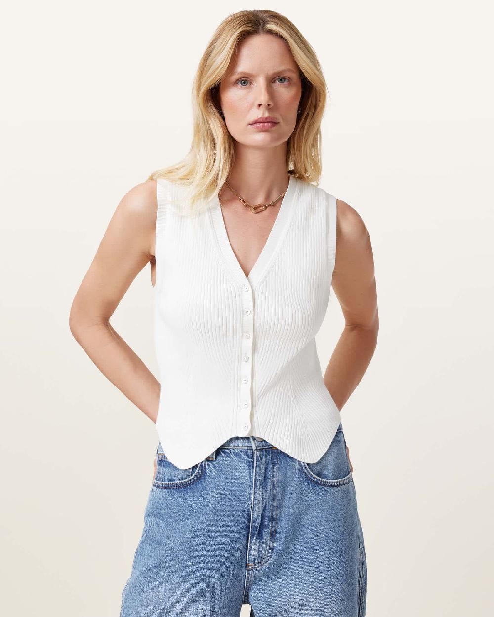 All Saints Cruz Ribbed Knitted Vest Chalk White