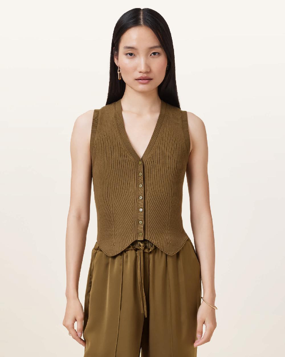 All Saints Cruz Ribbed Knitted Vest FIR GREEN