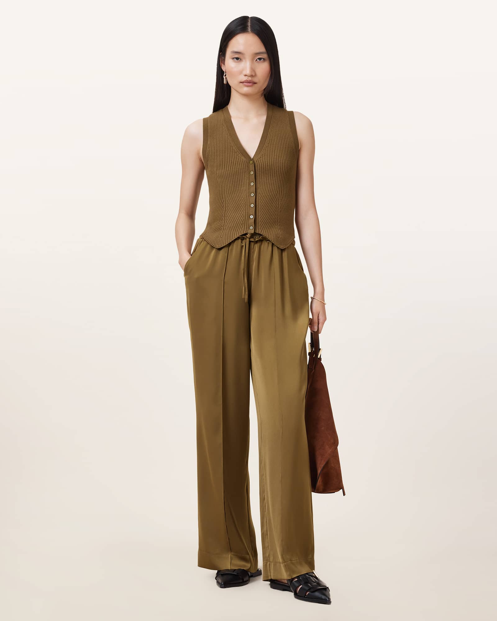 All Saints Cruz Ribbed Knitted Vest FIR GREEN