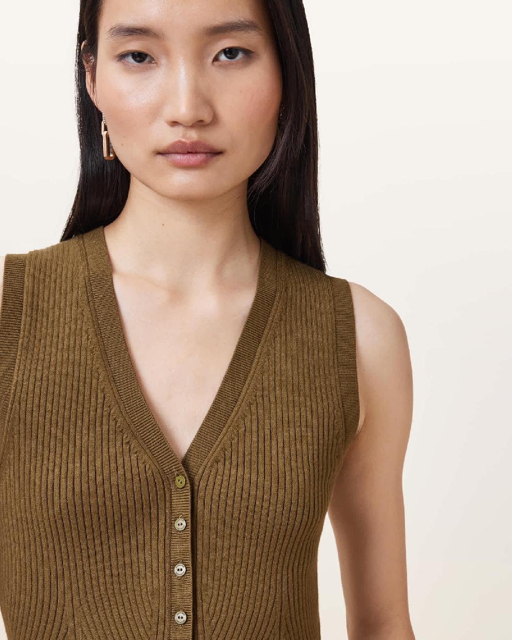 All Saints Cruz Ribbed Knitted Vest FIR GREEN