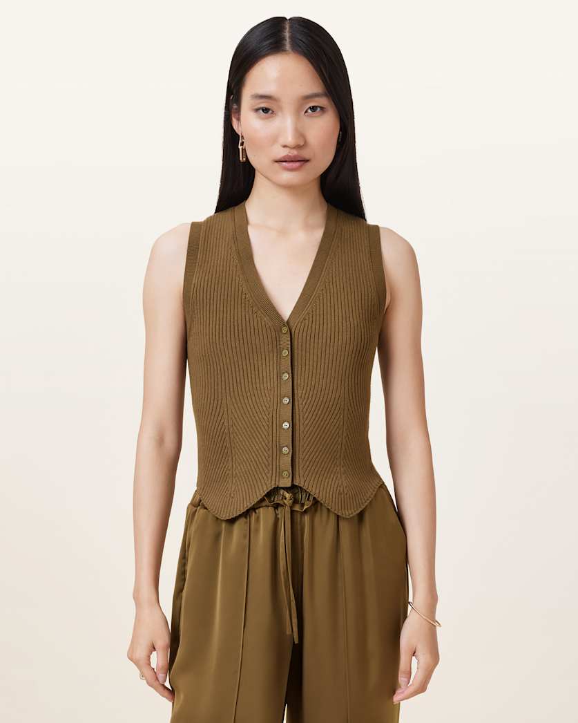 all saints Cruz Ribbed Knitted Vest FIR GREEN