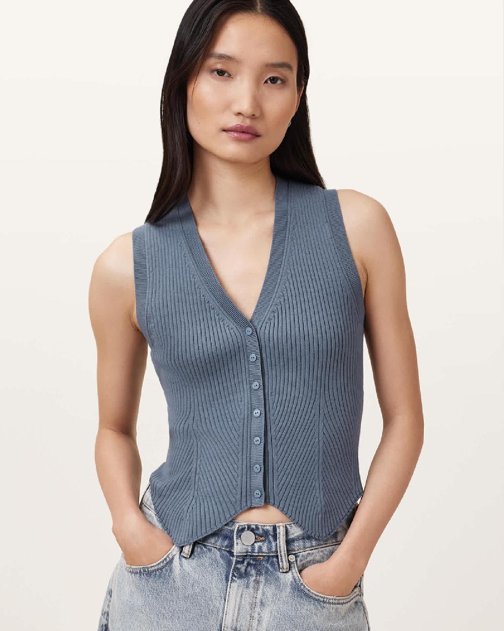 All Saints Cruz Ribbed Knitted Vest Flint Grey