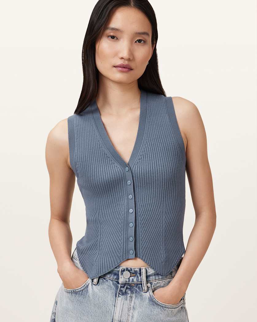 all saints Cruz Ribbed Knitted Vest Flint Grey