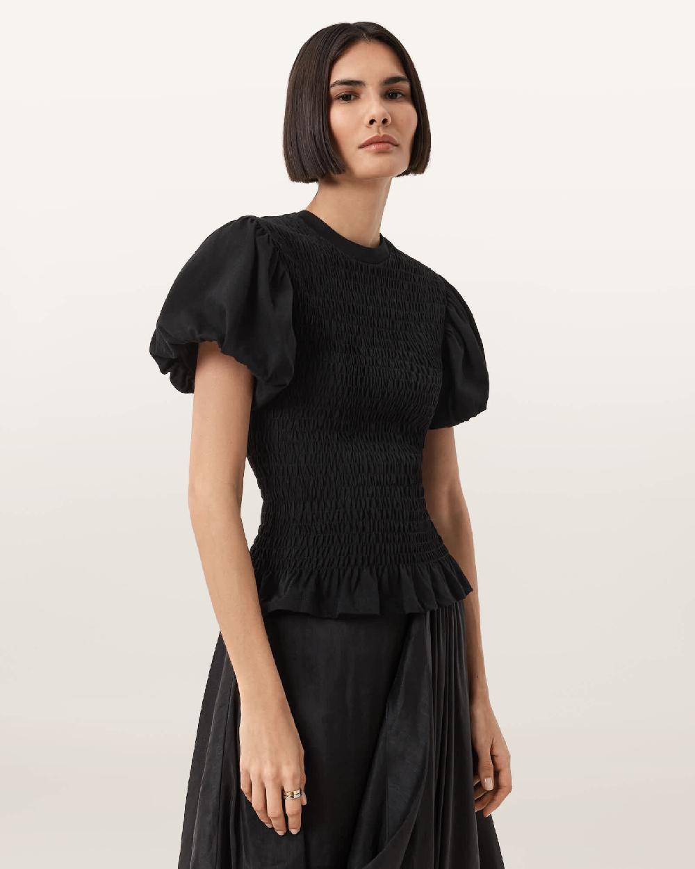 All Saints Dael Smocked Slim Top Black