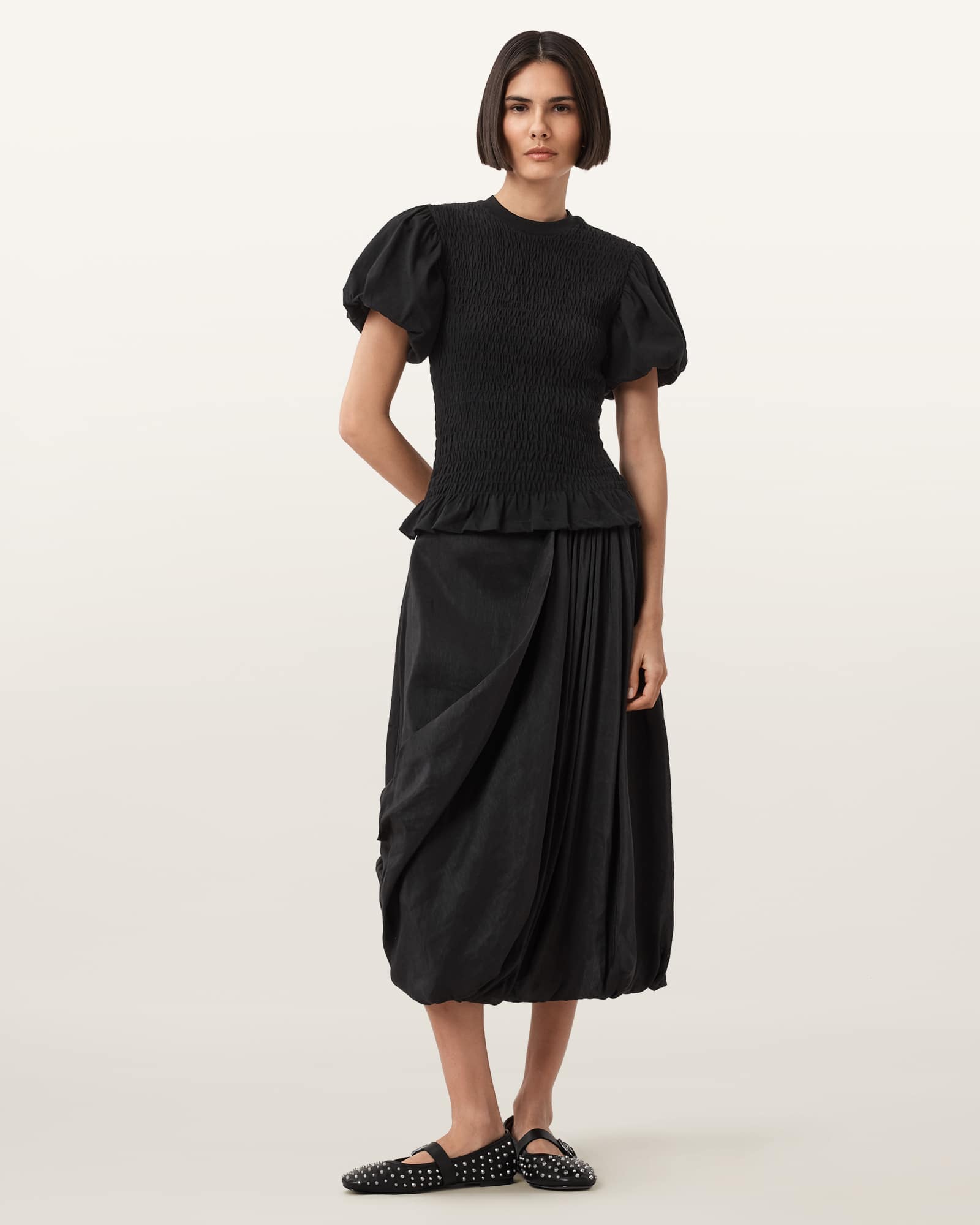 All Saints Dael Smocked Slim Top Black