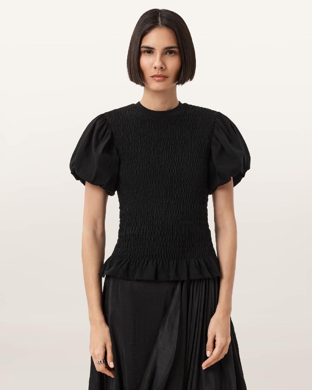 All Saints Dael Smocked Slim Top Black