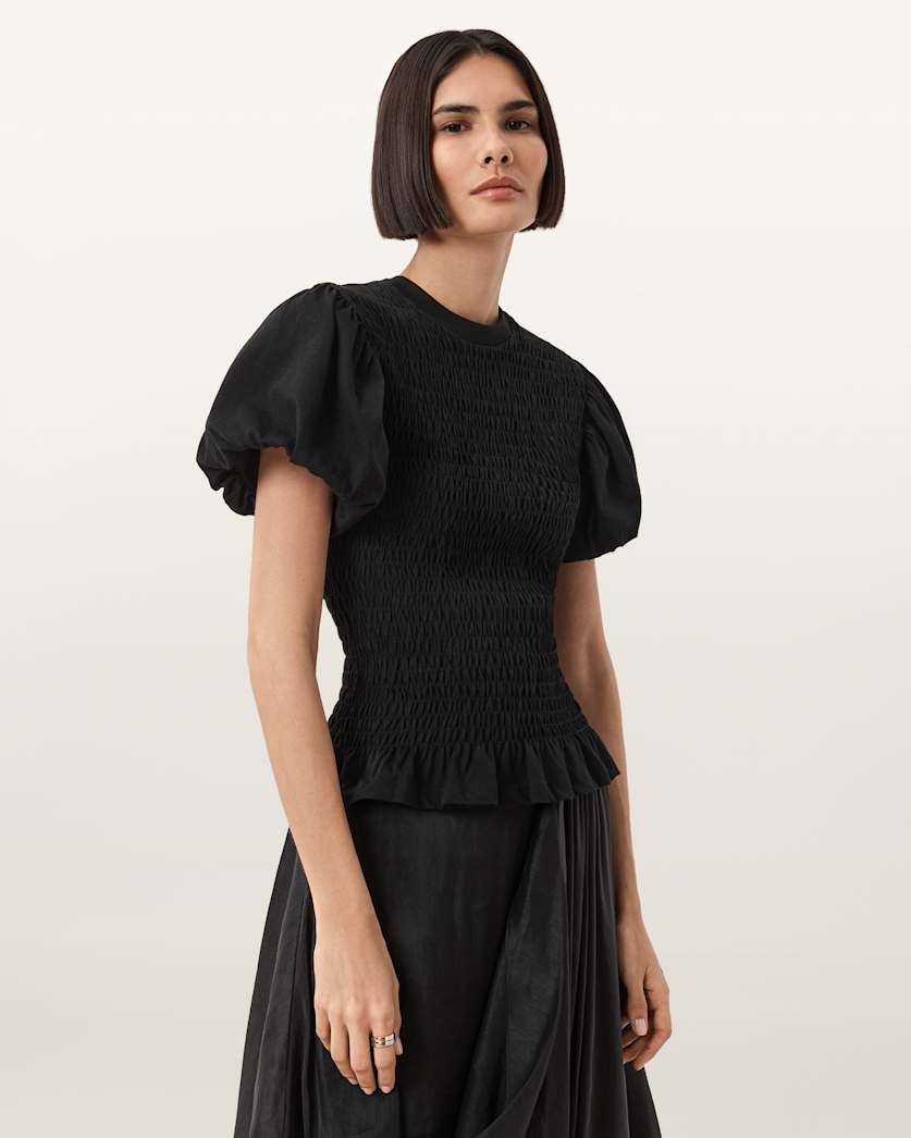 all saints Dael Smocked Slim Top Black