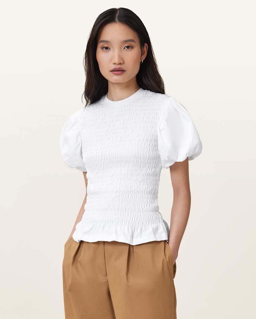 all saints Dael Smocked Slim Top Optic White