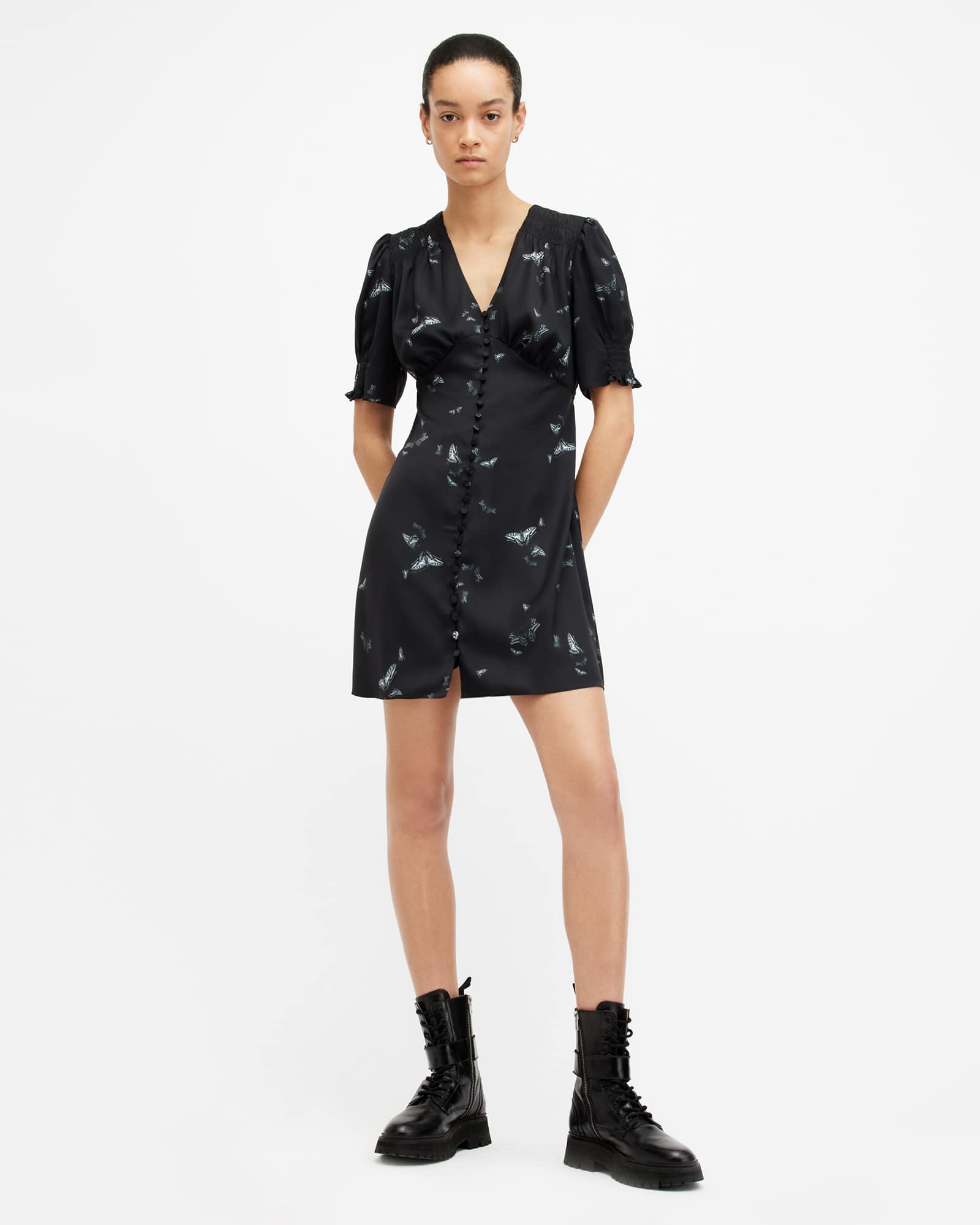 All Saints Demi V-Neck Mini Dress AGATHA BLACK