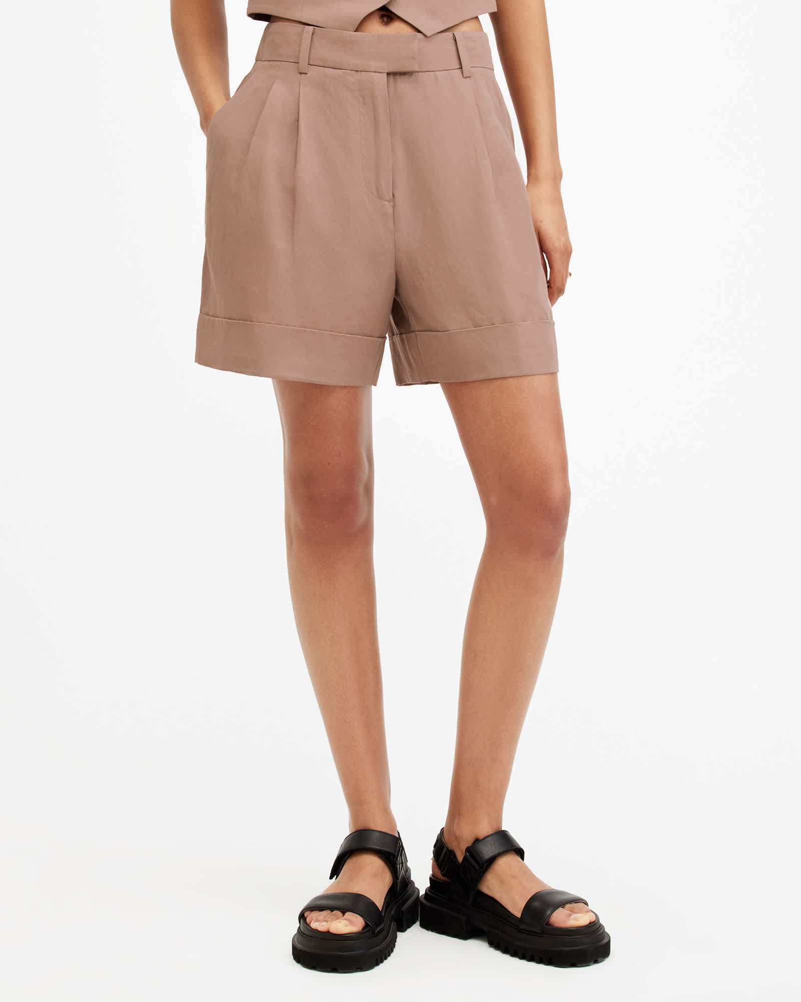 All Saints Deri Lyn Linen Blend Shorts Doe Brown