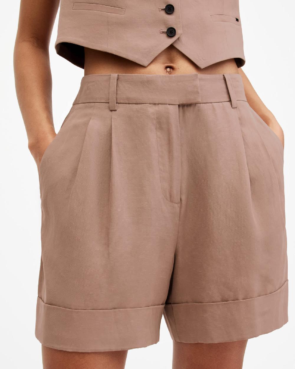 All Saints Deri Lyn Linen Blend Shorts Doe Brown