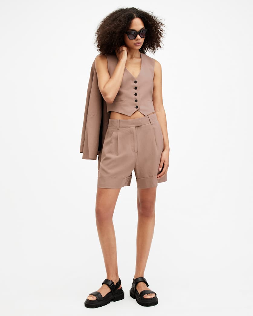 all saints Deri Lyn Linen Blend Shorts Doe Brown