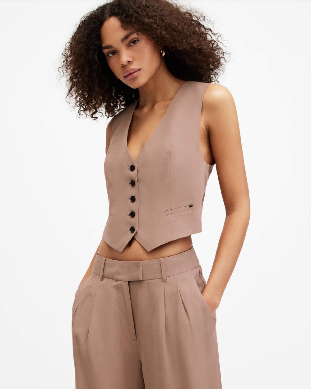 All Saints Deri Lyn Linen Blend Vest Doe Brown