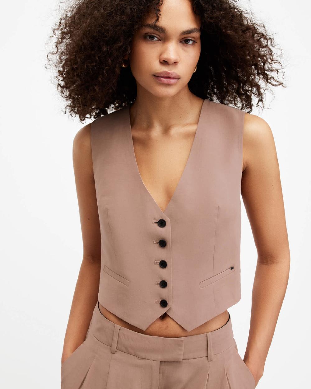 All Saints Deri Lyn Linen Blend Vest Doe Brown