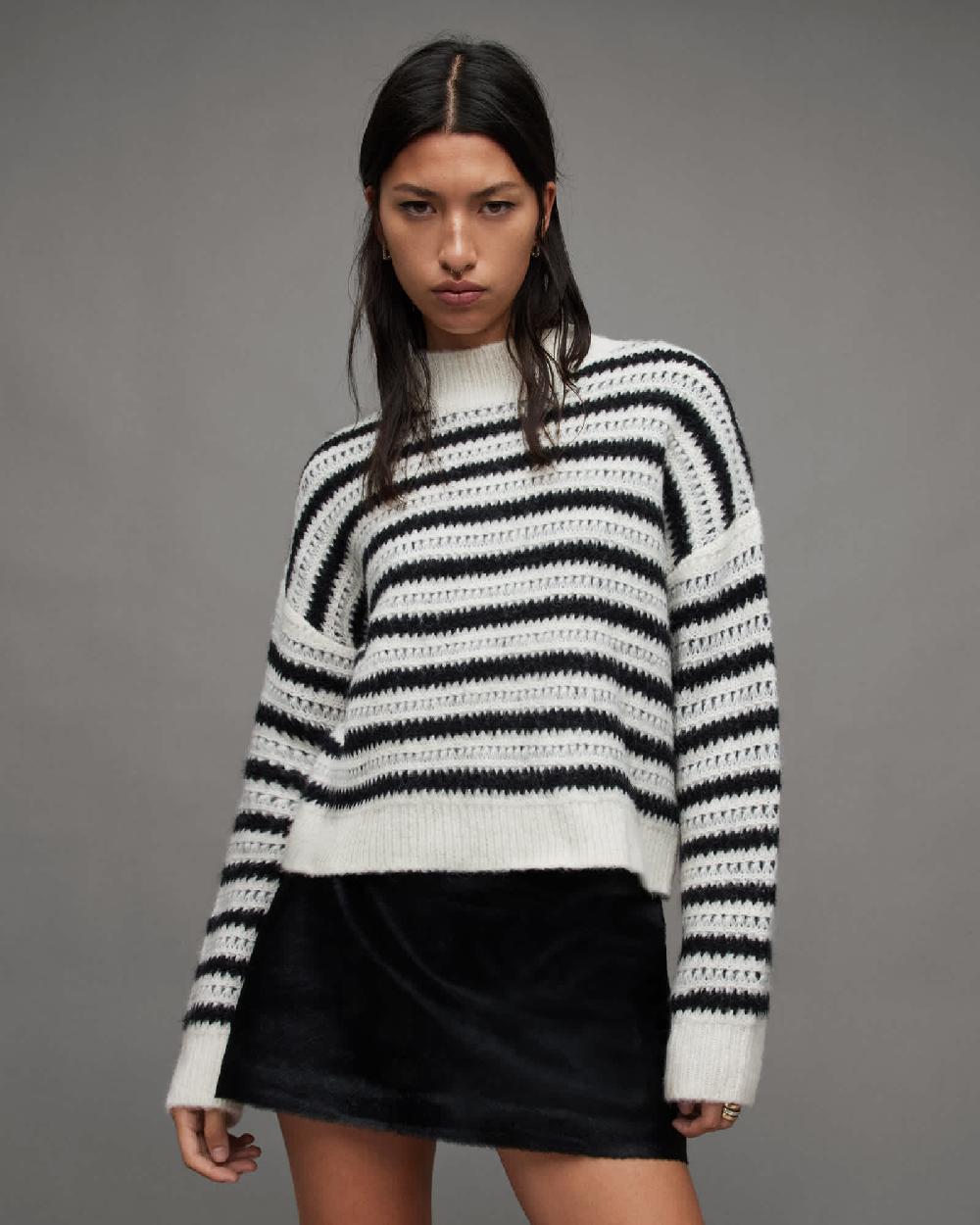 All Saints Duke Striped Sweater CHALK WHITE/BLACK