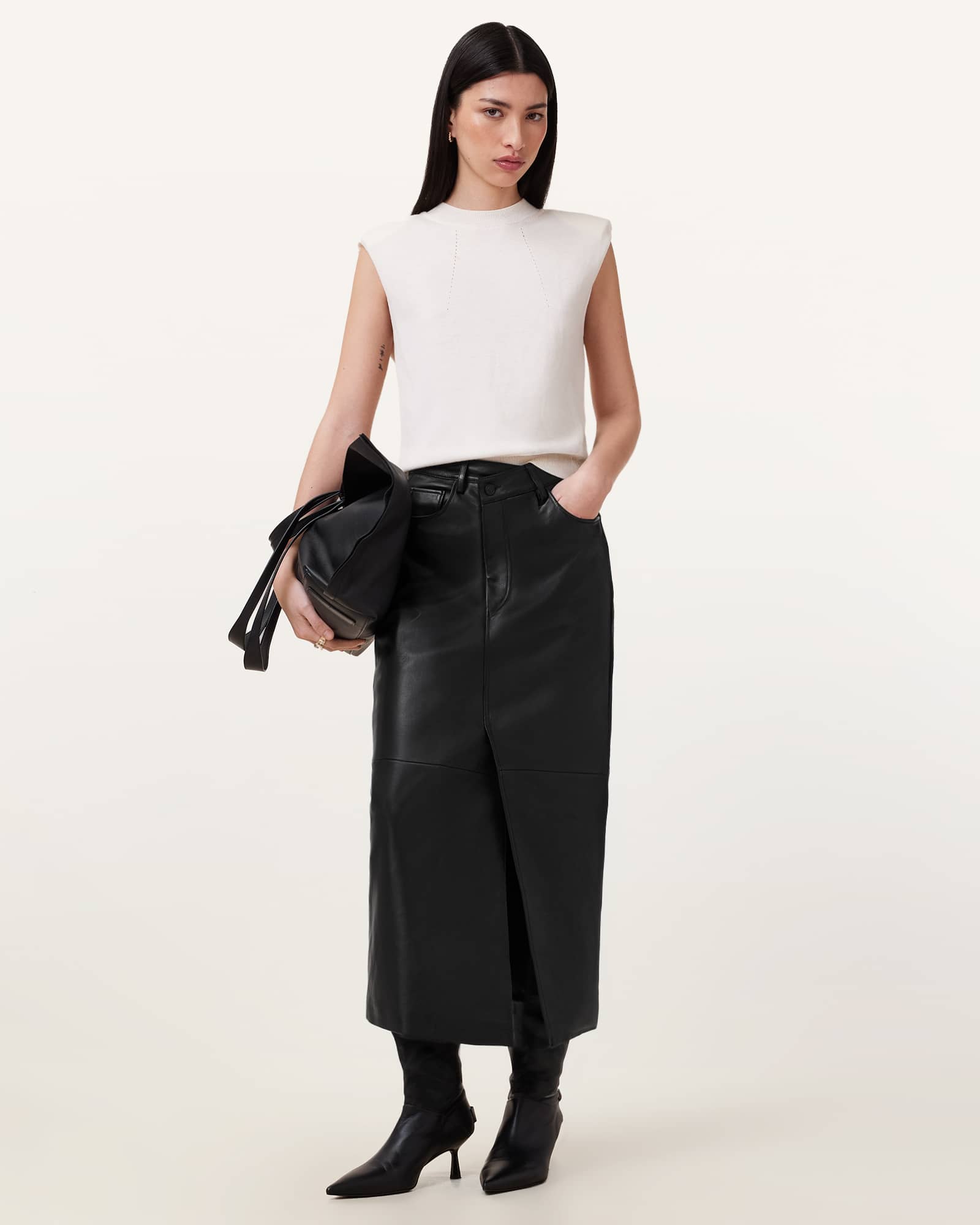 All Saints Eden Leather Midi Skirt Black