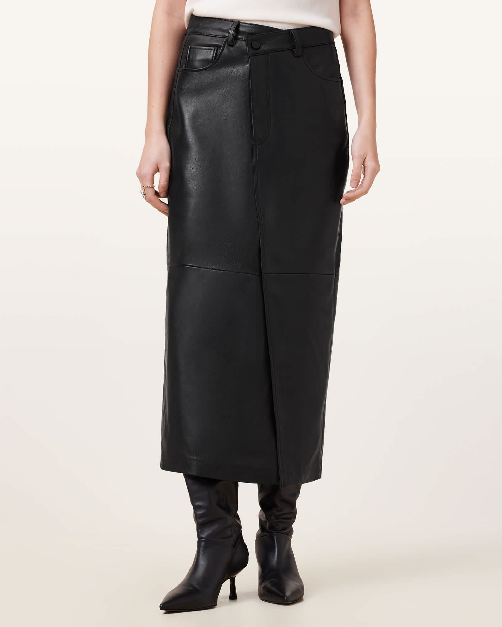 All Saints Eden Leather Midi Skirt Black