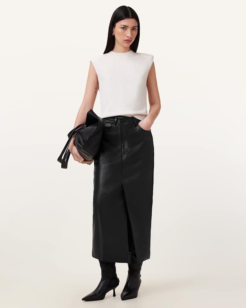 all saints Eden Leather Midi Skirt Black