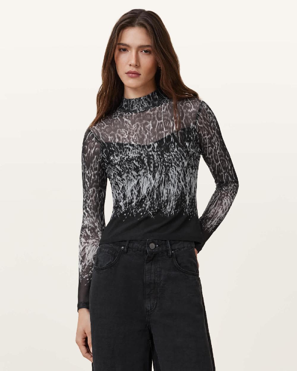 All Saints Elia Mesh Long Sleeve Top Harmony Black