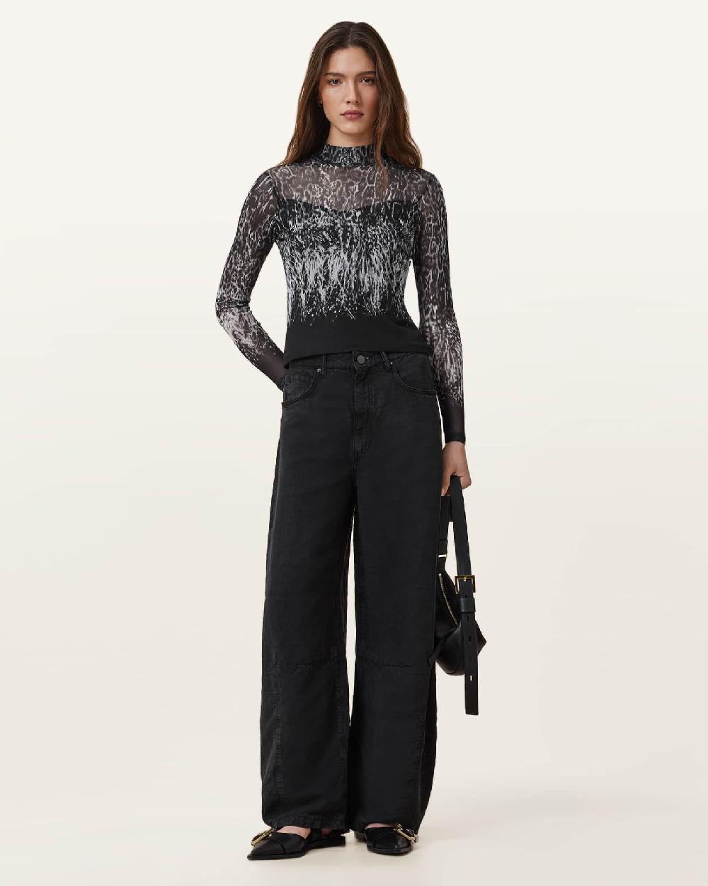 All Saints Elia Mesh Long Sleeve Top Harmony Black