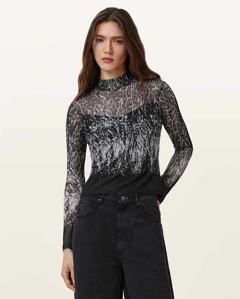 all saints Elia Mesh Long Sleeve Top Harmony Black