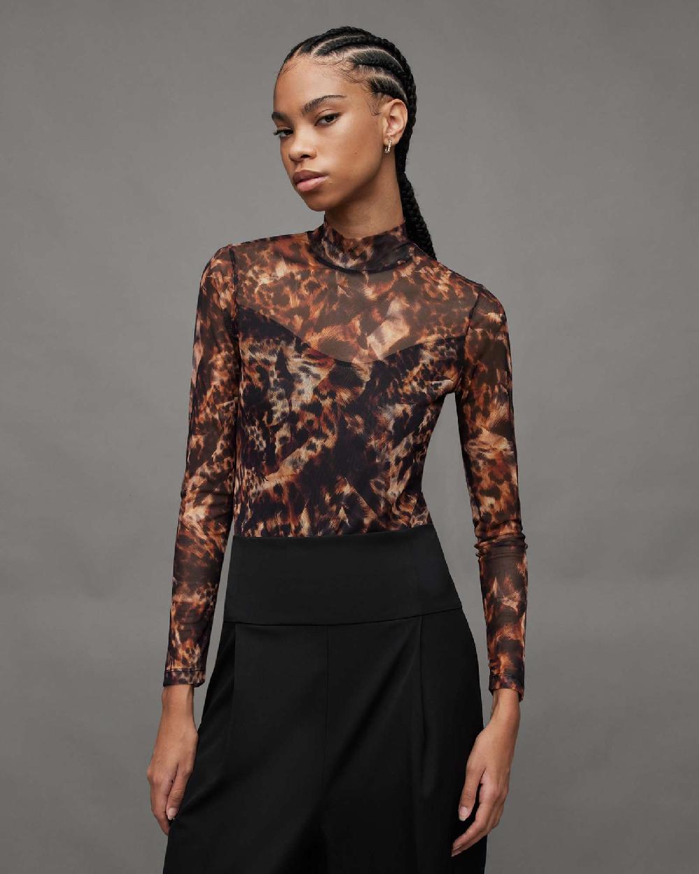 All Saints Elia Spark Printed Mesh Bodysuit Brown