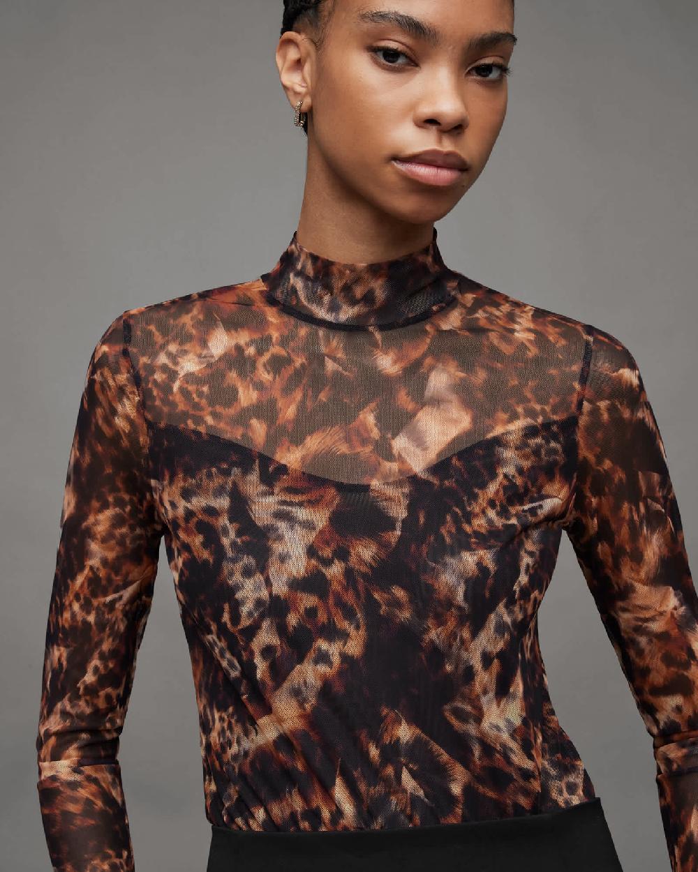 All Saints Elia Spark Printed Mesh Bodysuit Brown