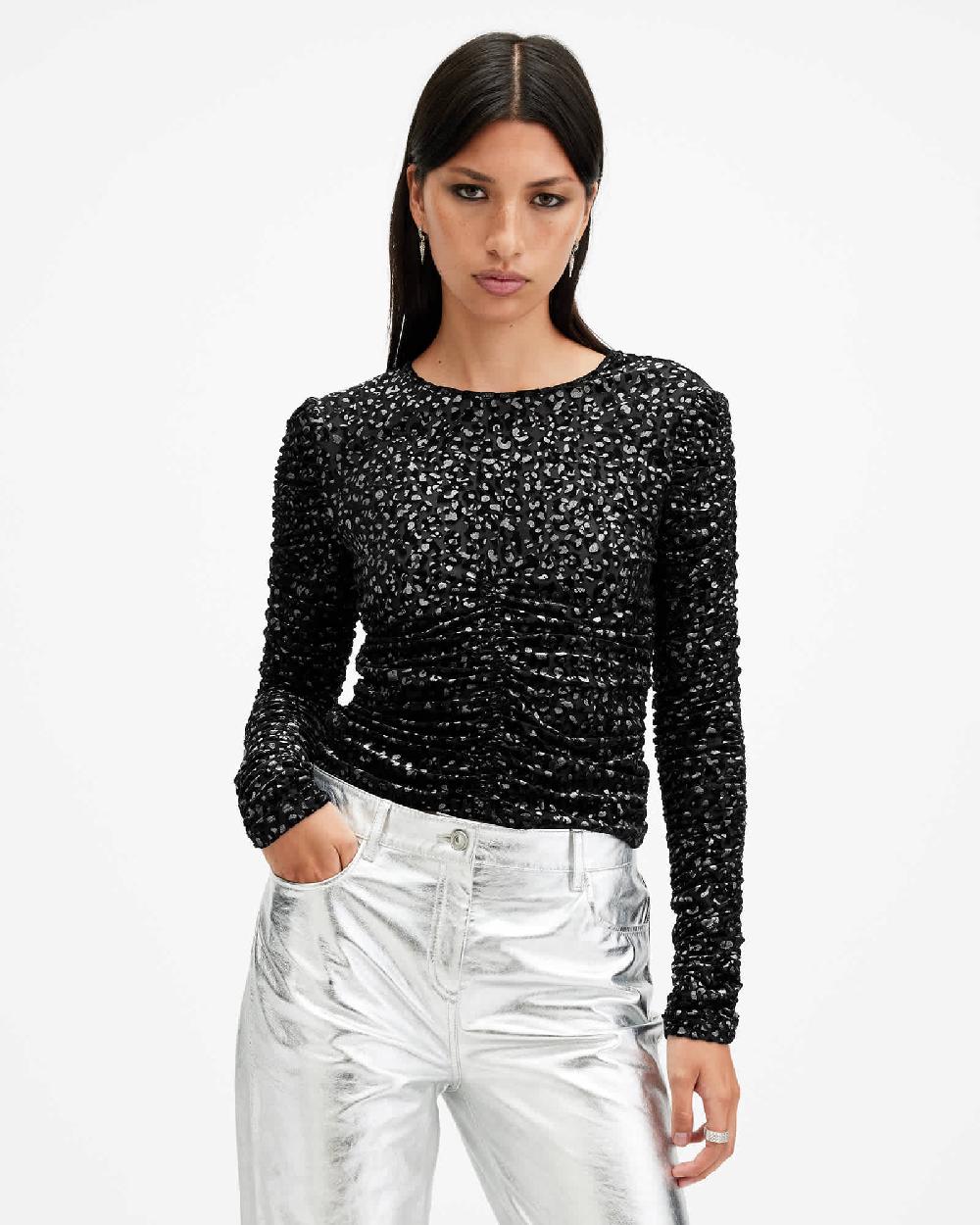 All Saints Eris Metallic Leopard Print Top Black