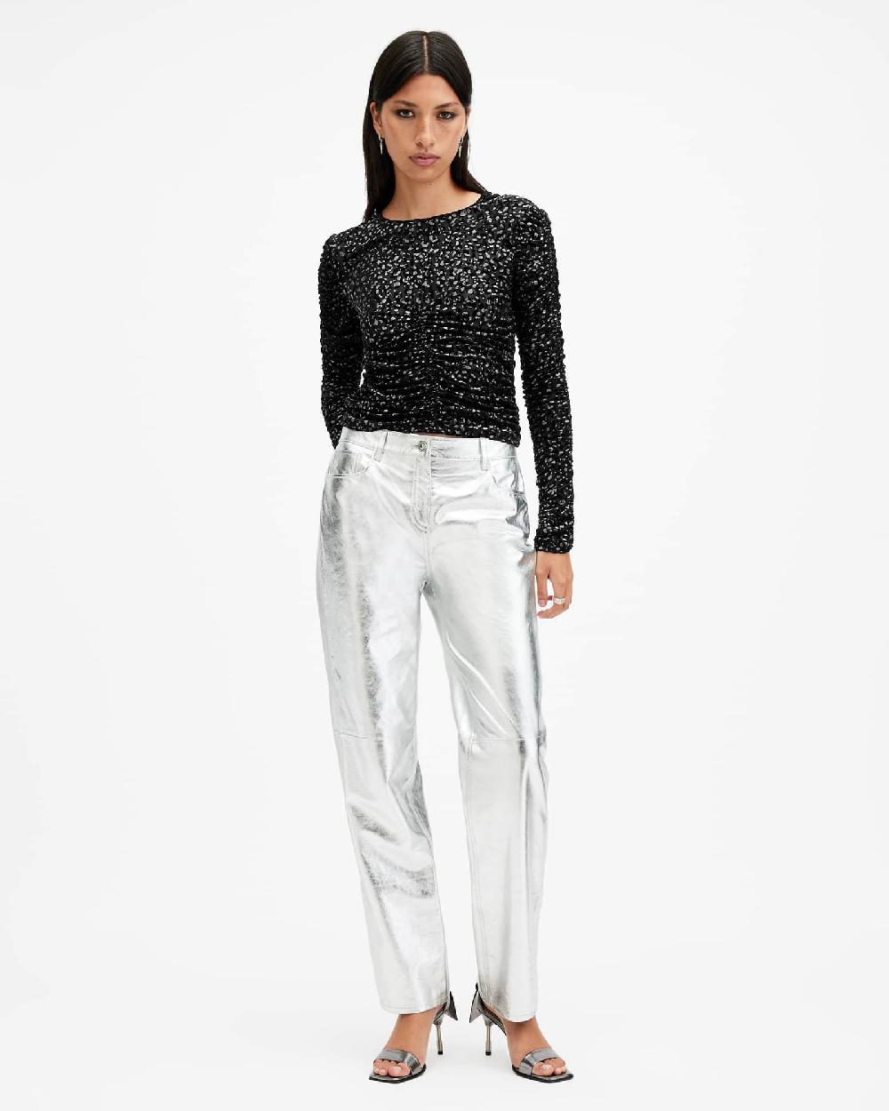 All Saints Eris Metallic Leopard Print Top Black