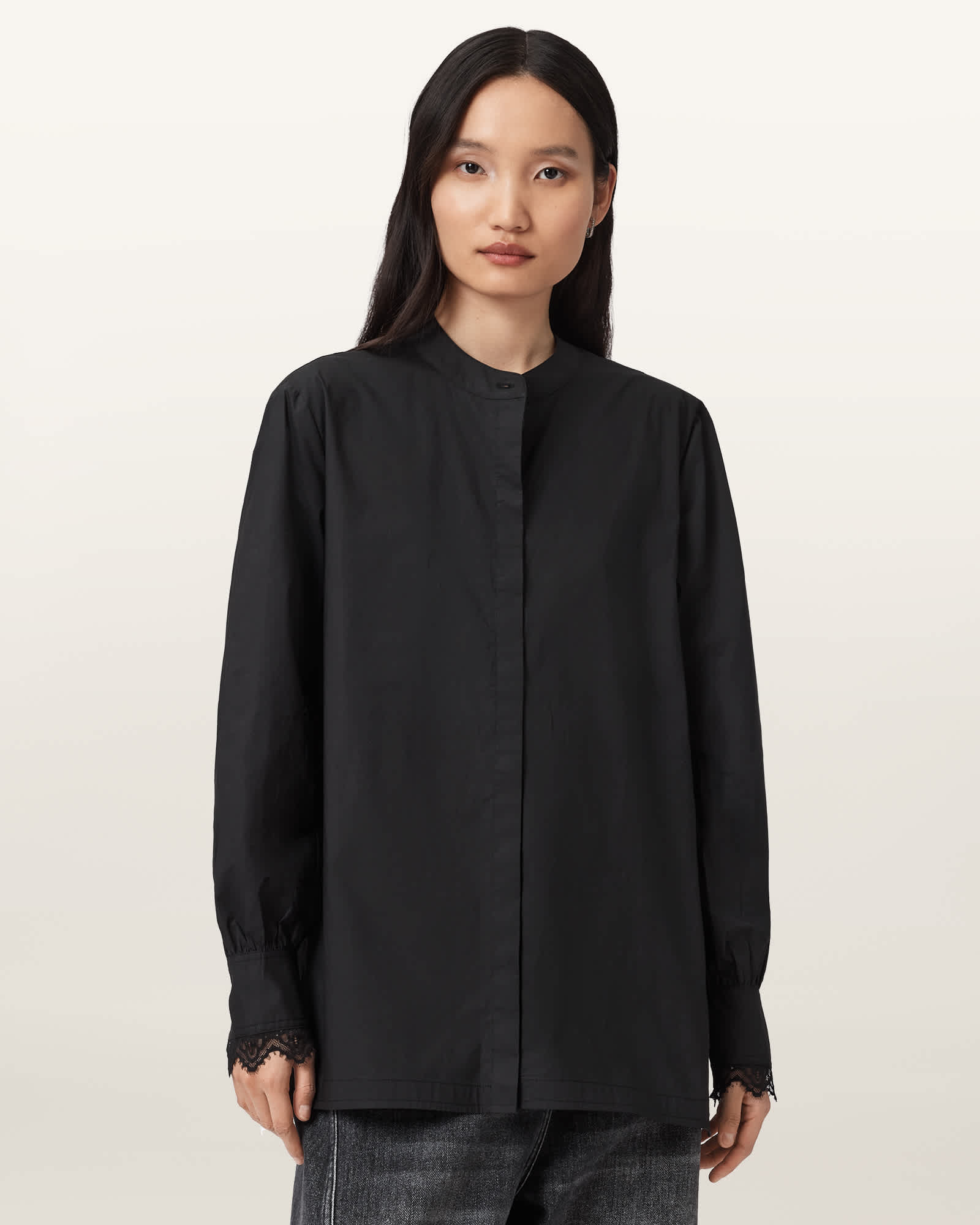 All Saints Ethel Lace Trim Shirt Black