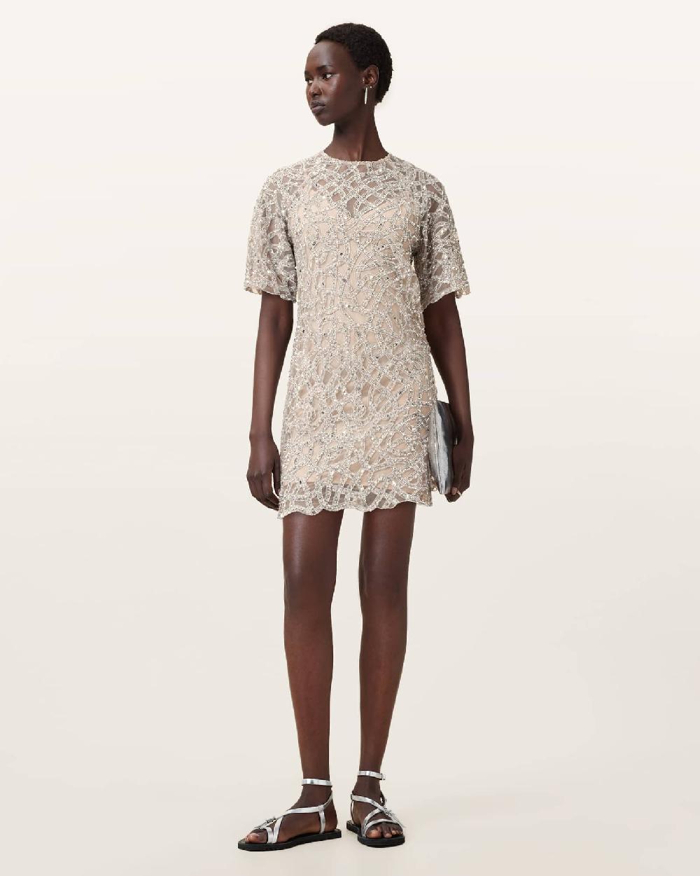 All Saints Eva Embellished Mini Dress WHITE/SILVER