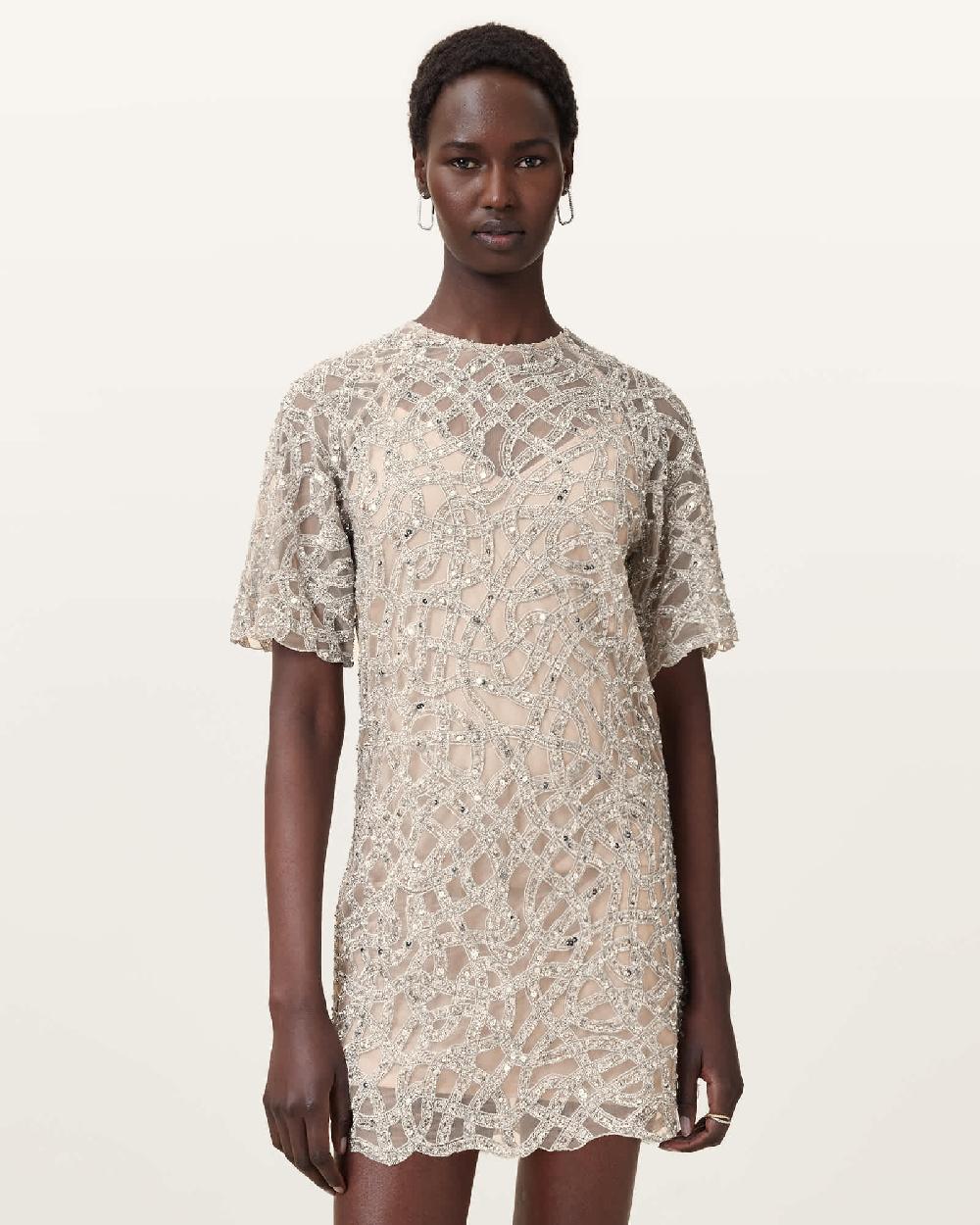 All Saints Eva Embellished Mini Dress WHITE/SILVER