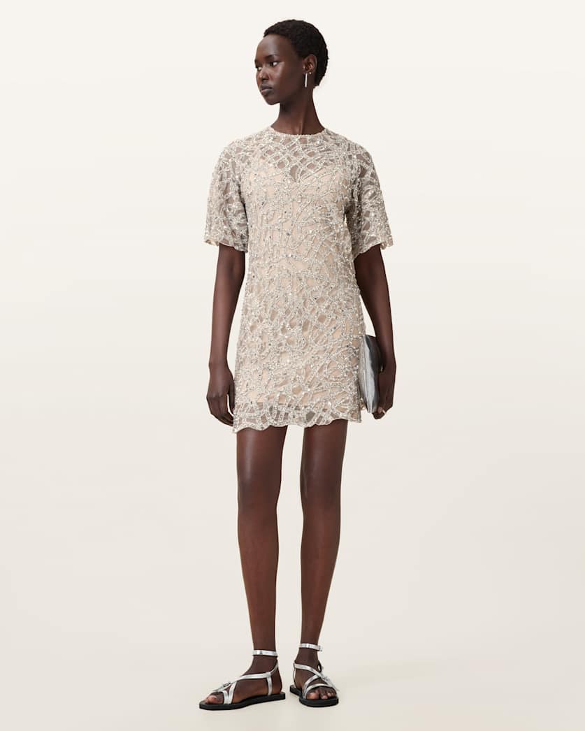 all saints Eva Embellished Mini Dress WHITE/SILVER