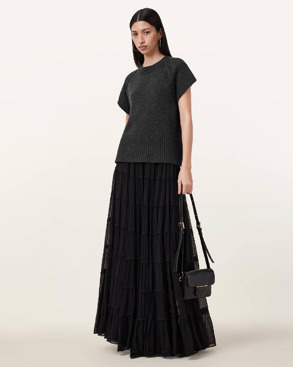 All Saints Eva Tiered Maxi Skirt Black