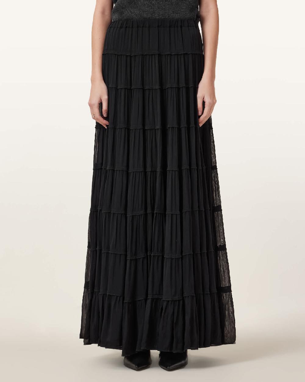 All Saints Eva Tiered Maxi Skirt Black