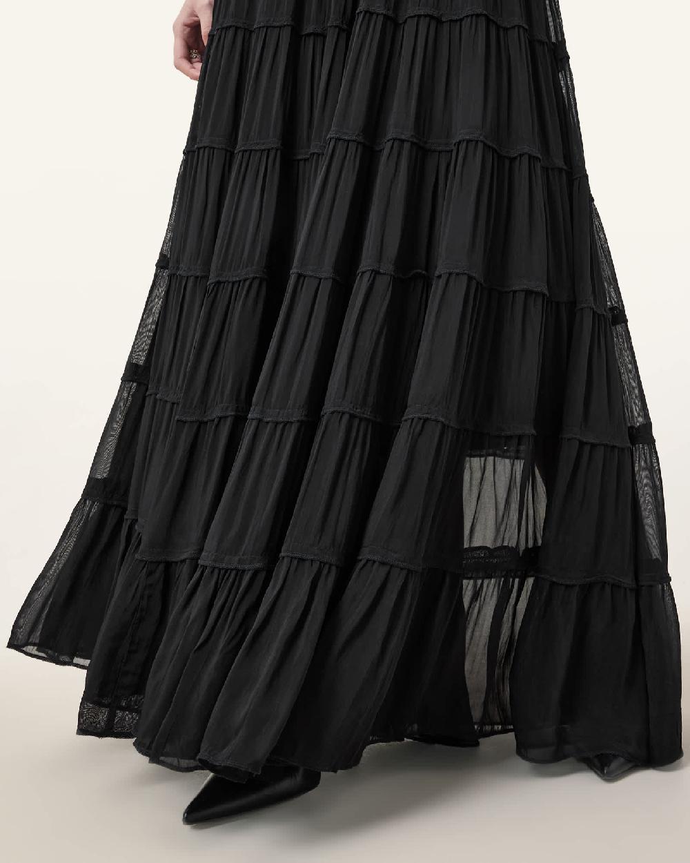 All Saints Eva Tiered Maxi Skirt Black
