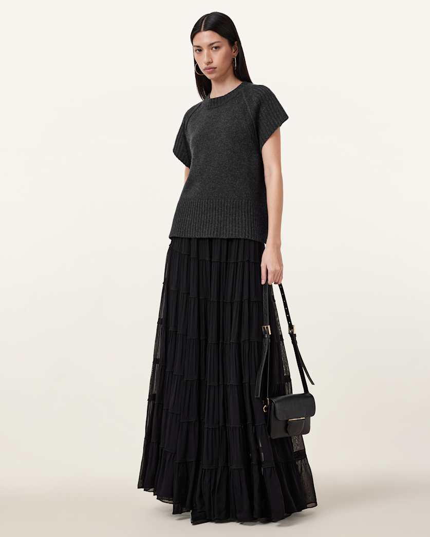 all saints Eva Tiered Maxi Skirt Black