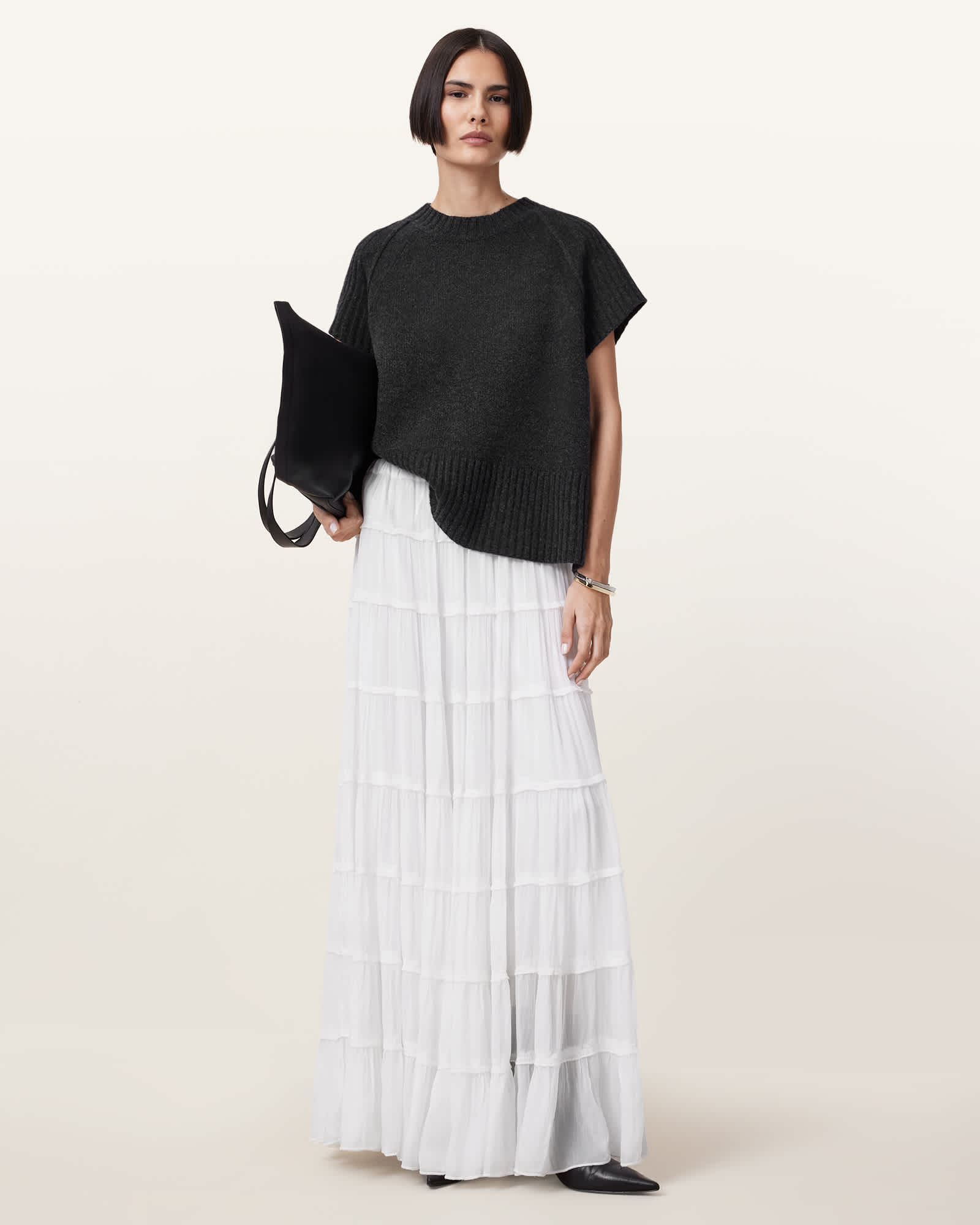 All Saints Eva Tiered Maxi Skirt Chalk White