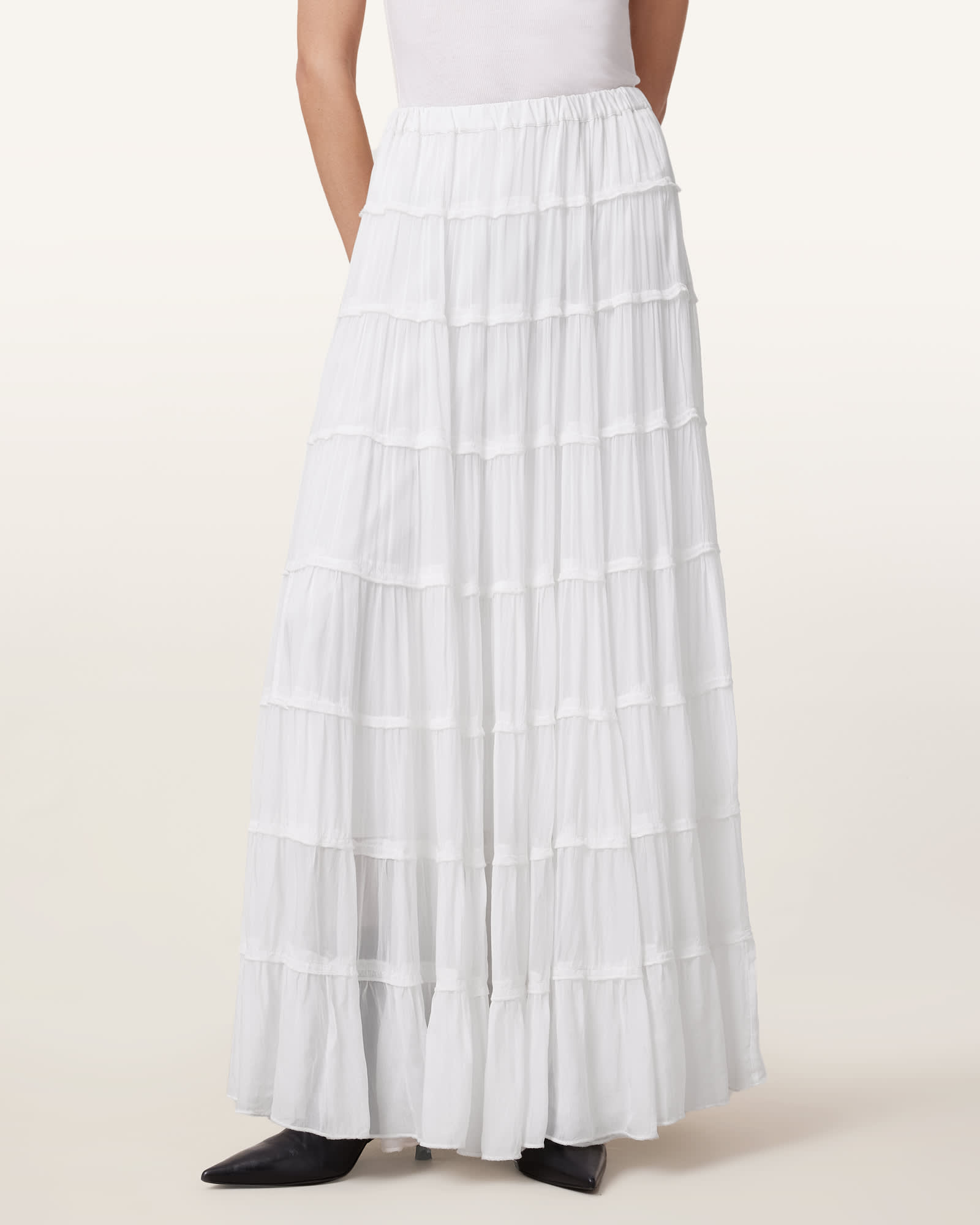 All Saints Eva Tiered Maxi Skirt Chalk White