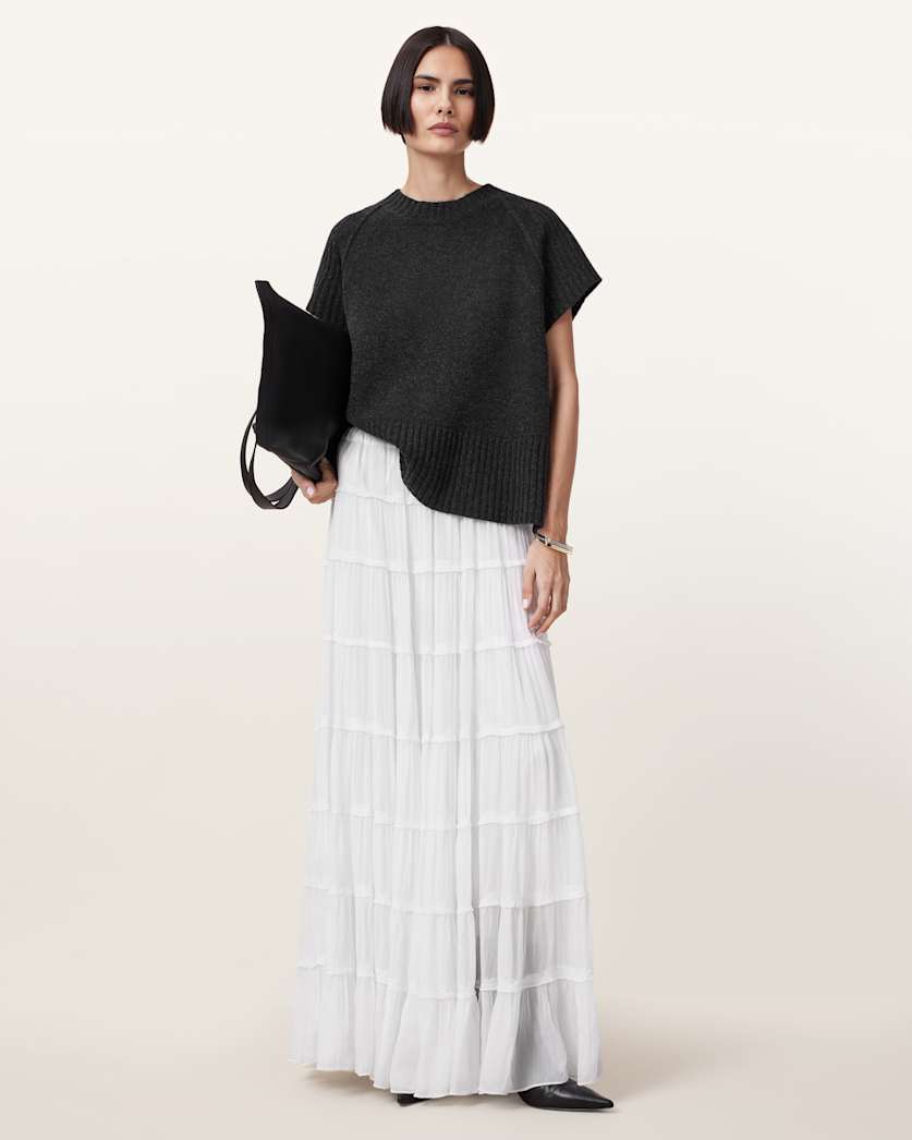 all saints Eva Tiered Maxi Skirt Chalk White