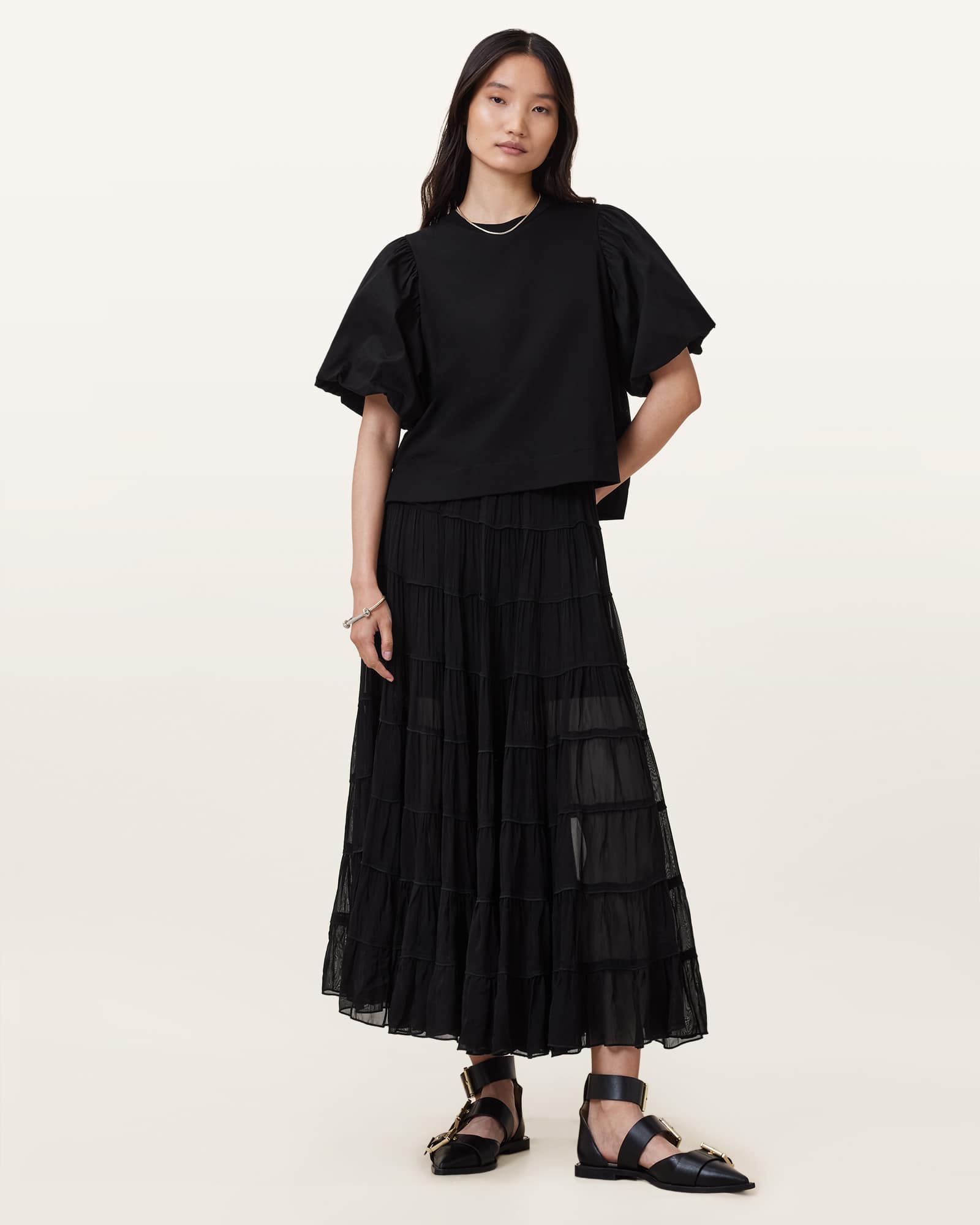 All Saints Eva Tiered Midi Skirt Black